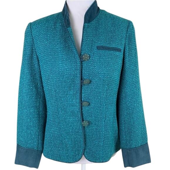 Coldwater Creek Sz 8P Jacket Blazer Teal Blue Tweed Faux Suede Trim Button Front - Picture 1 of 11